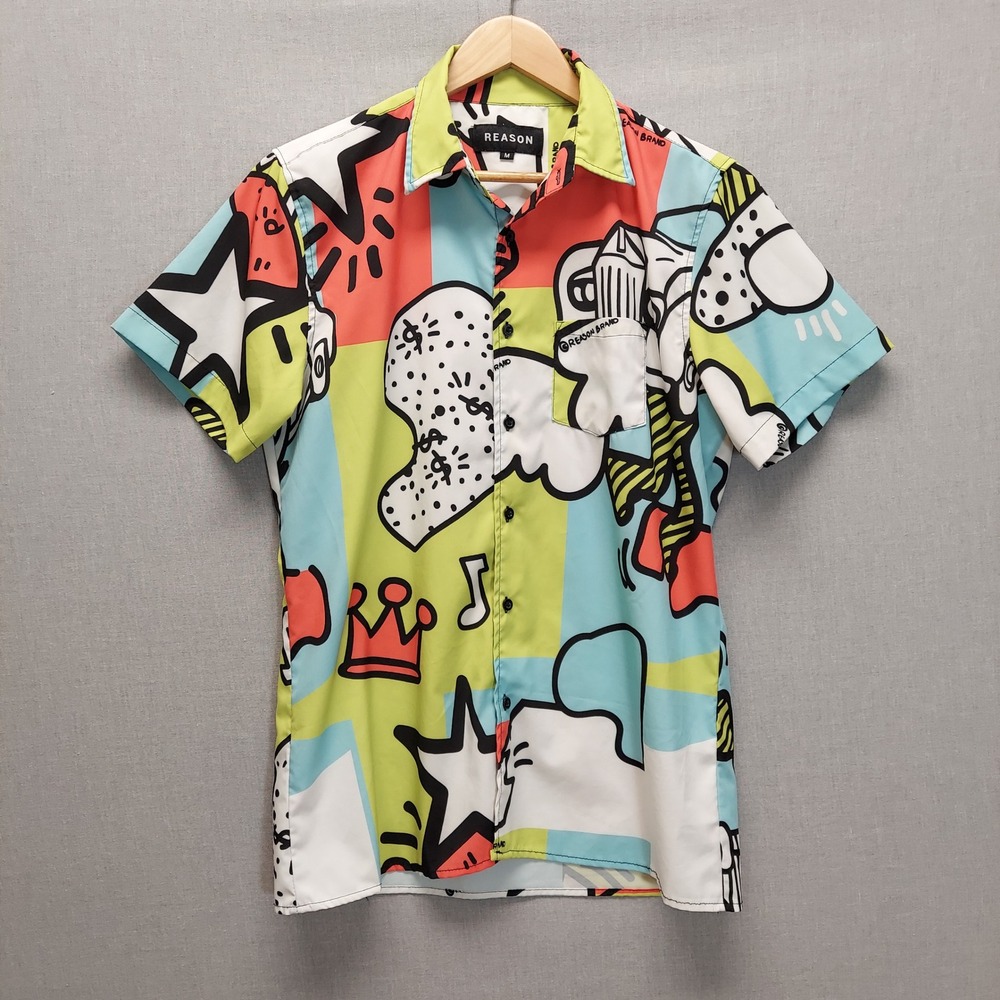 Reason Graphic Button Shirt Mens M Abstract Pop Art Streetwear Festival Novelty
